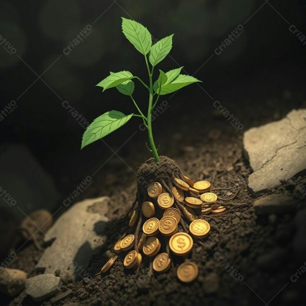 4K Realistic Image, High Angle Perspective, Isekai Anime Style, Expressive Composition, Looking Down, Elevated View, Depicting A Plant With Coin Roots Symbolizing Planting Money To