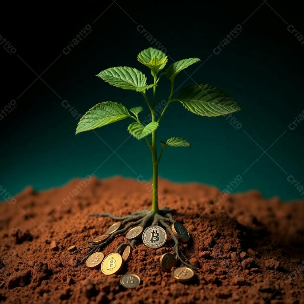 4K Realistic Image, High Contrast Low Key Lighting, Warm Terracotta And Cool Teal Colors, Deep Shadows, Dramatic Effect, Plant With Coin Roots Symbolizing Planting Money To Harvest