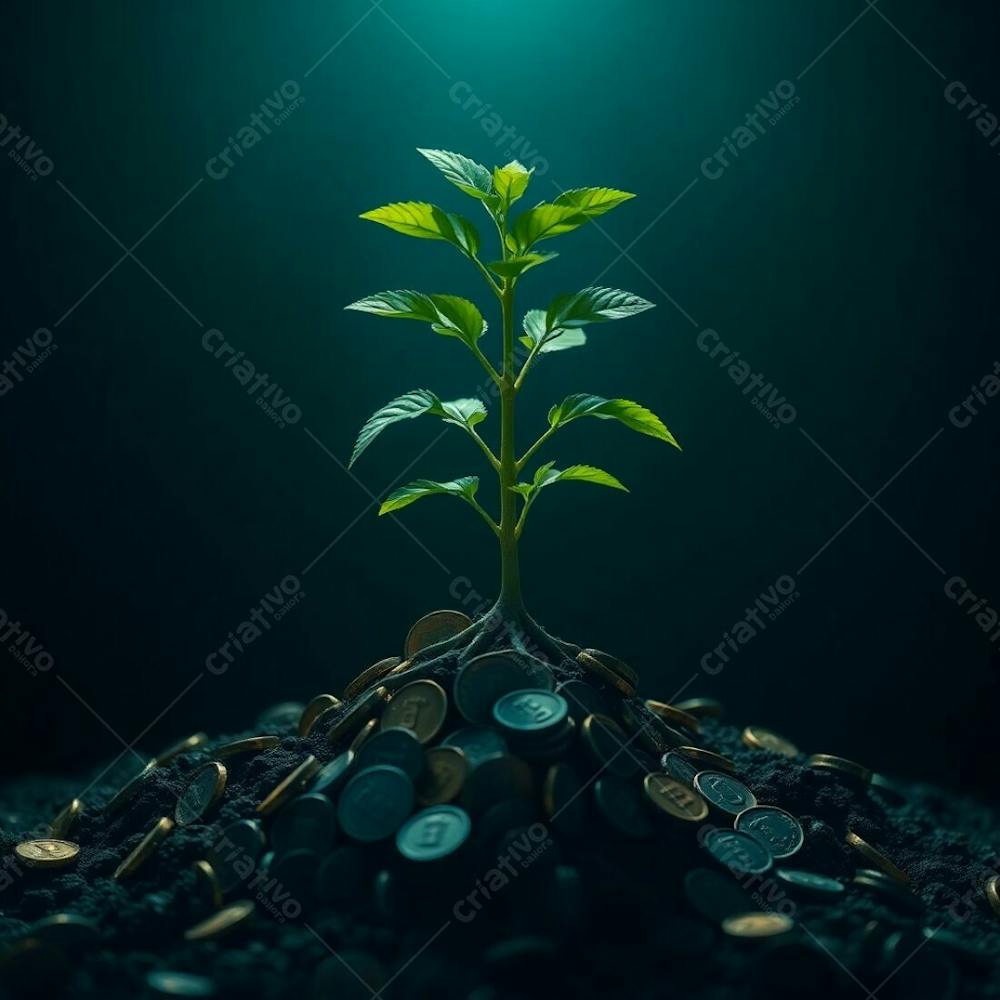 4K Realistic Image, Intense Dramatic Lighting, Rich Deep Teal Tones, A Plant With Roots Of Coins Illustrating The Concept Of Planting Money To Harvest Money, Luxurious Vibrant A