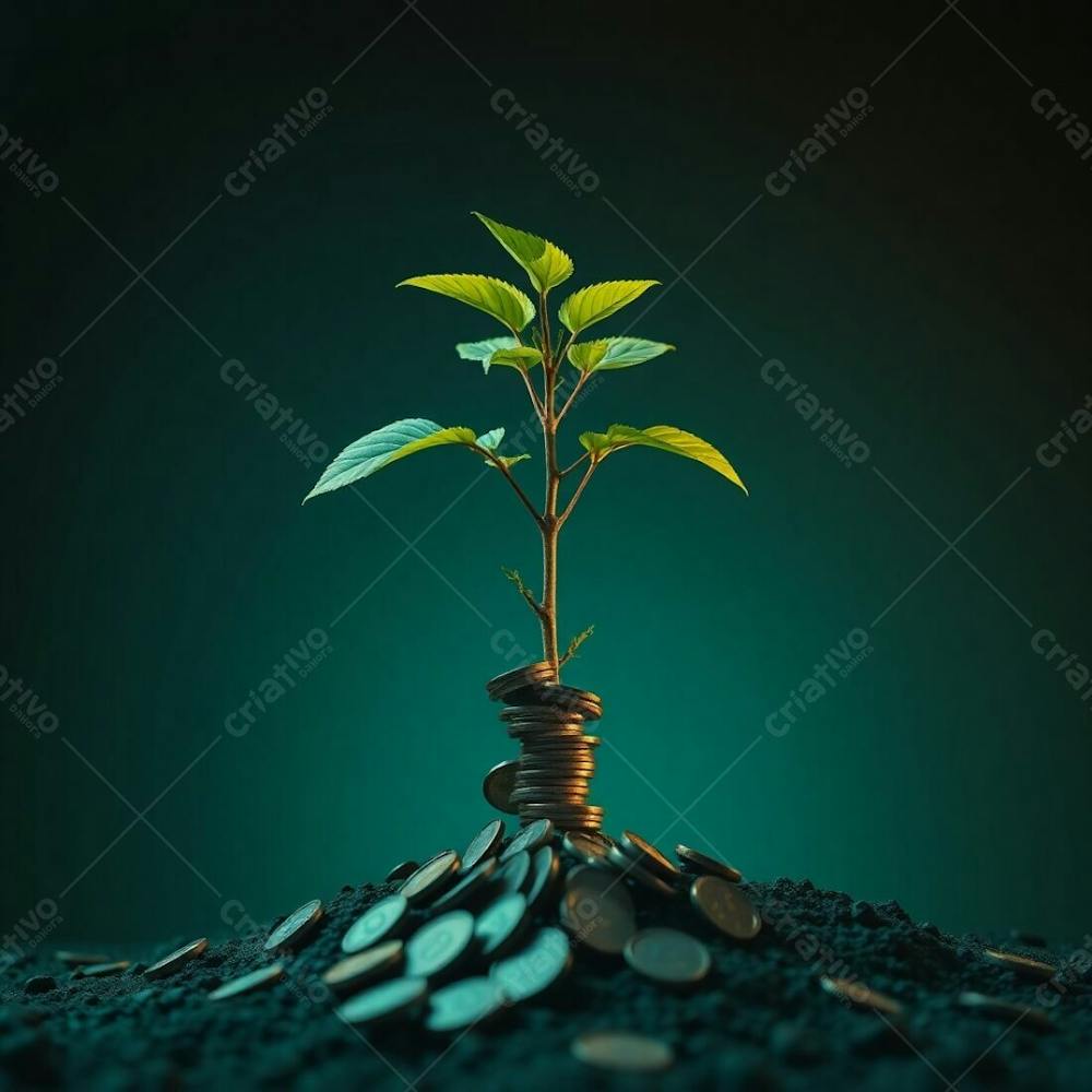 4K Realistic Image, Intense Dramatic Lighting, Rich Deep Teal Tones, A Plant With Roots Of Coins Illustrating The Concept Of Planting Money To Harvest Money, Luxurious Vibrant A