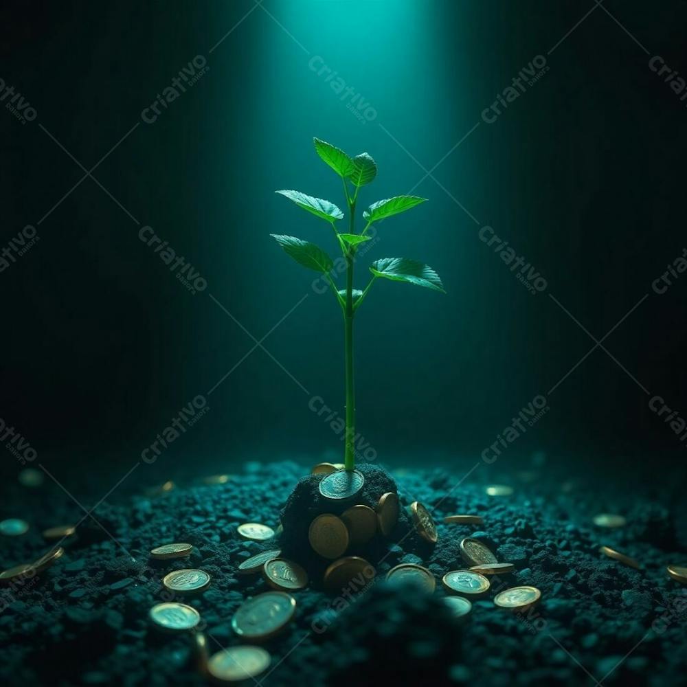 4K Realistic Image, Intense Dramatic Lighting, Rich Deep Teal Tones, A Plant With Roots Of Coins Illustrating The Concept Of Planting Money To Harvest Money, Luxurious Vibrant A