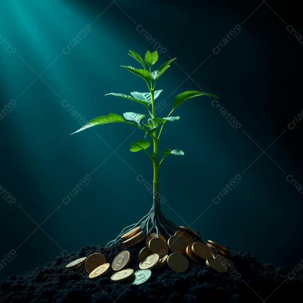 4K Realistic Image, Intense Dramatic Lighting, Rich Deep Teal Tones, A Plant With Roots Of Coins Illustrating The Concept Of Planting Money To Harvest Money, Luxurious Vibrant A