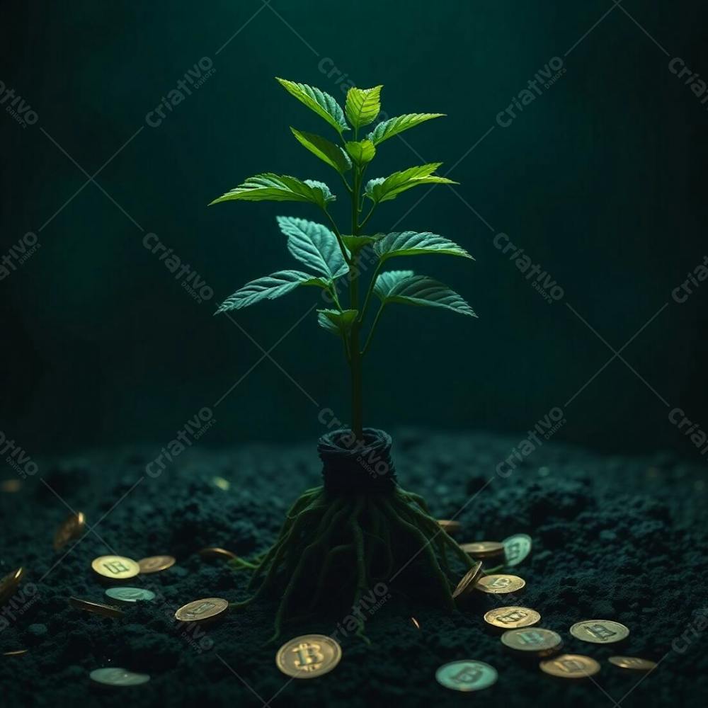 4K Realistic Image, Intense Dramatic Lighting, Rich Deep Teal Tones, A Plant With Roots Of Coins Illustrating The Concept Of Planting Money To Harvest Money, Luxurious Vibrant A