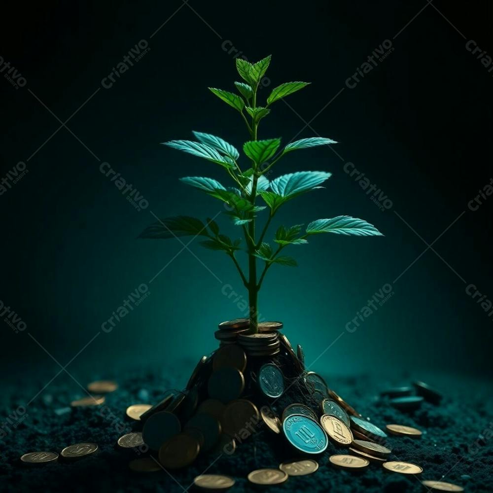 4K Realistic Image, Intense Dramatic Lighting, Rich Deep Teal Tones, A Plant With Roots Of Coins Illustrating The Concept Of Planting Money To Harvest Money, Luxurious Vibrant A