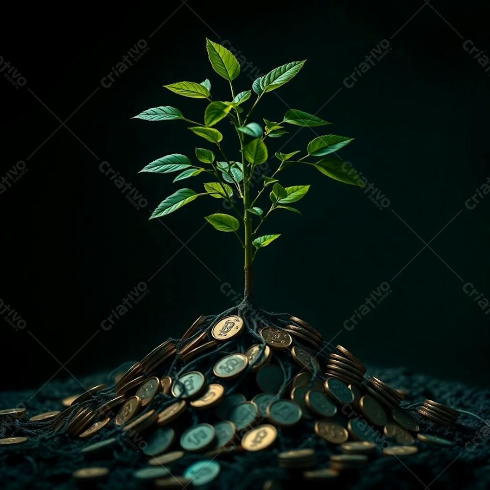 4K Realistic Image, Intense Dramatic Lighting, Rich Deep Teal Tones, A Plant With Roots Of Coins Illustrating The Concept Of Planting Money To Harvest Money, Luxurious Vibrant A