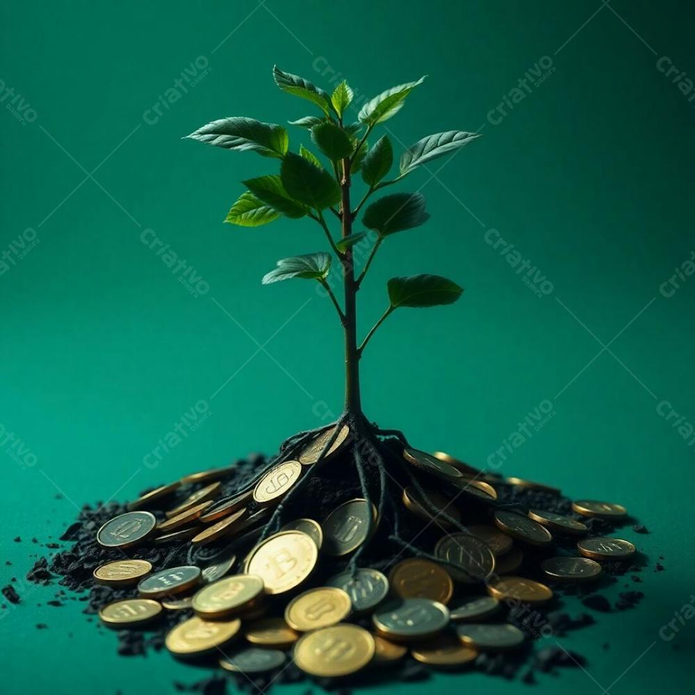 4K Realistic Image, Intense Dramatic Lighting, Rich Deep Teal Tones, A Plant With Roots Of Coins Illustrating The Concept Of Planting Money To Harvest Money, Luxurious Vibrant Aesth