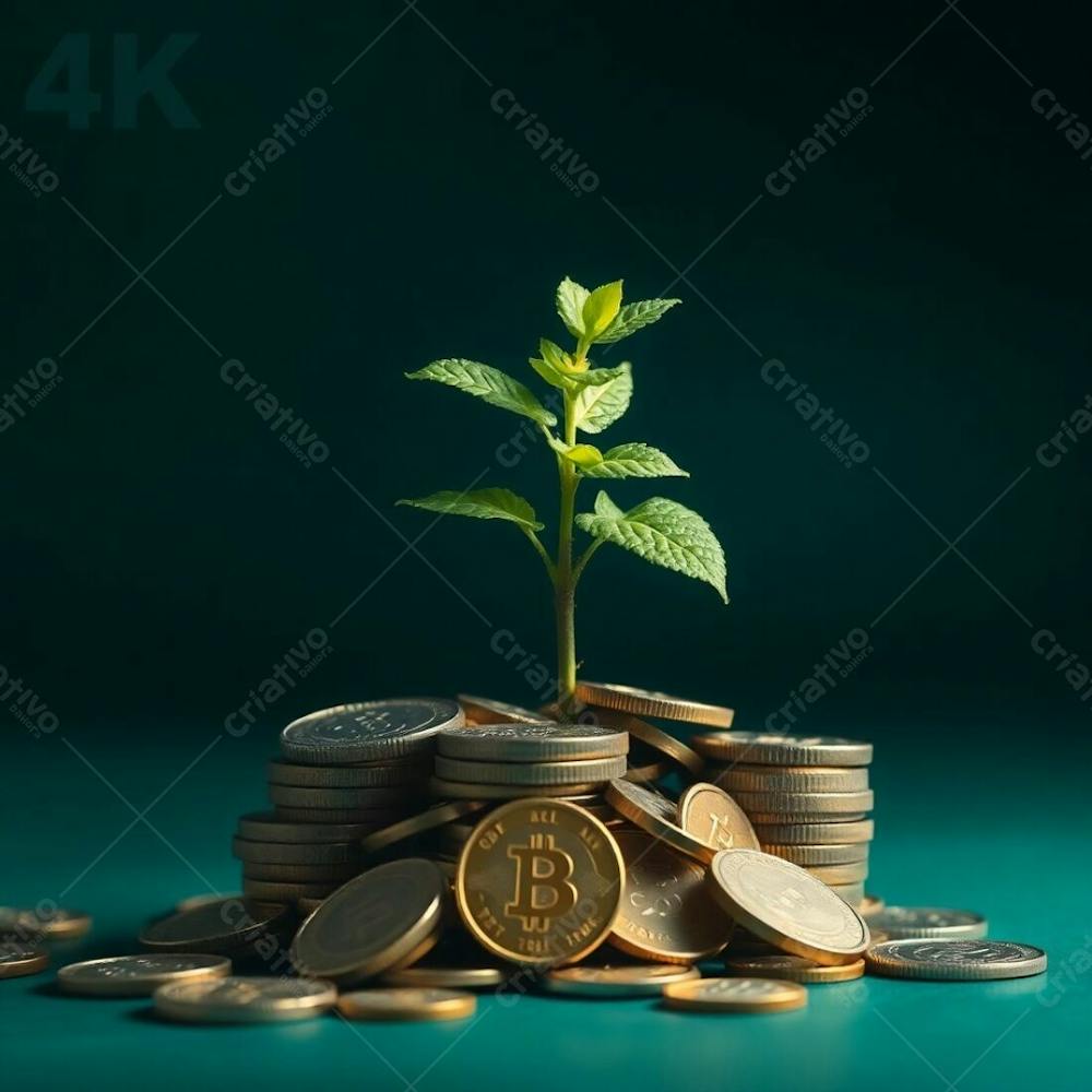 4K Realistic Image, Plant Growing From Coins, Illustrating Financial Growth, Deep Teal Color, Dramatic Lighting, High Contrast, Luxurious, Vibrant, Detailed Textures