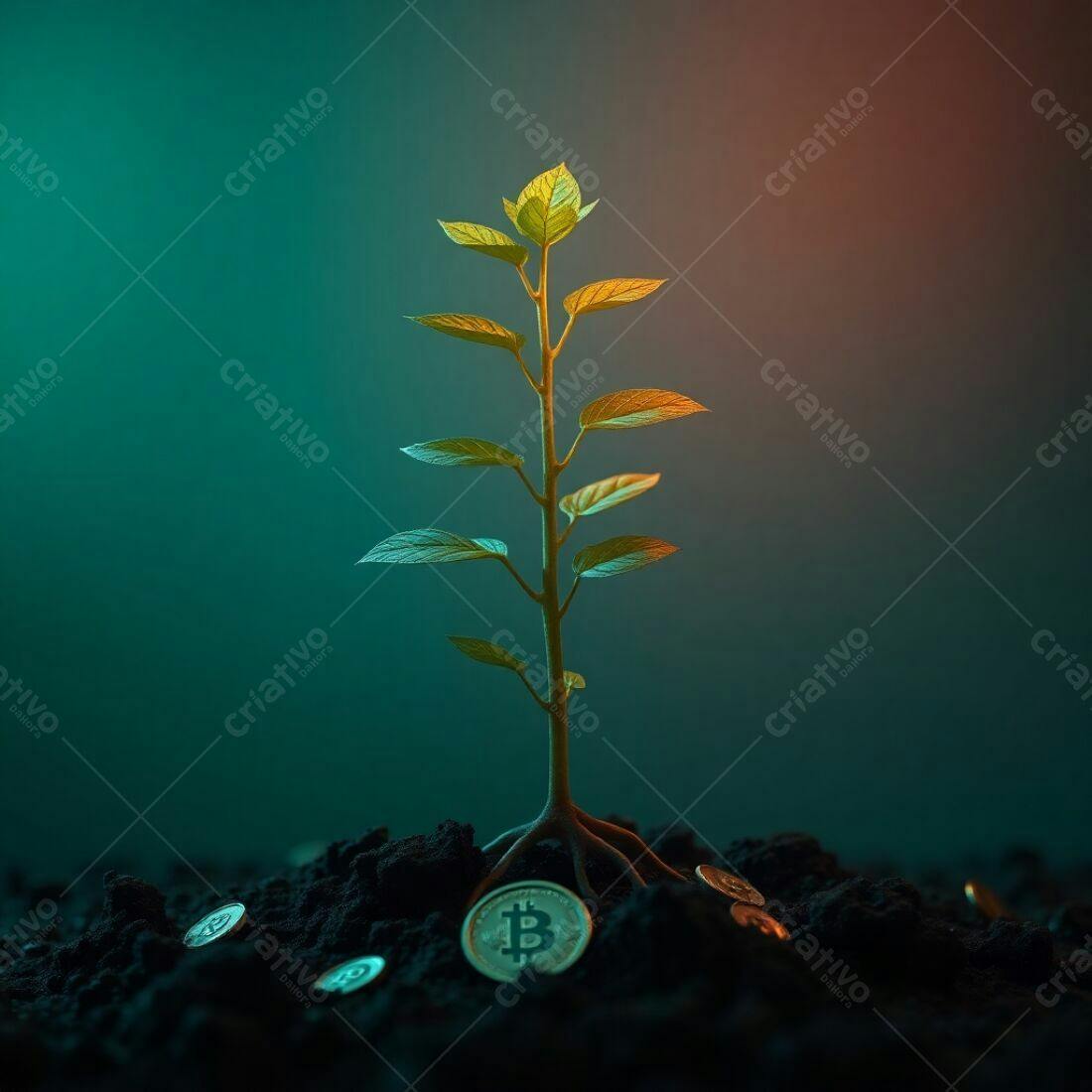 Planta crescendo entre Bitcoins