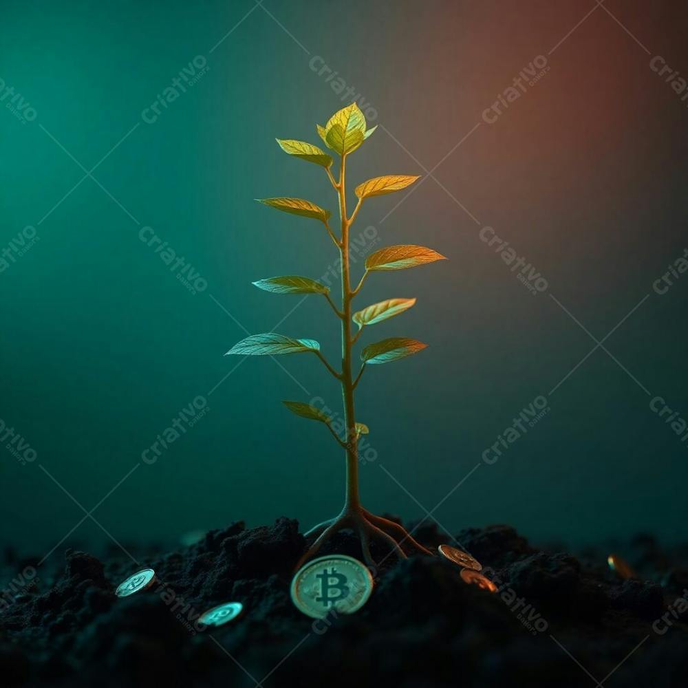 4K Realistic Image, Plant With Coin Roots, Deep Teal Color Scheme, Intense Dramatic Lighting, High Contrast, Conveys Financial Growth Metaphor, Luxurious And Vibrant Aesthetic