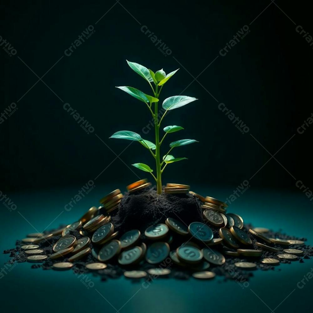 A 4K Realistic Image Depicting A Plant Whose Roots Are Coins Symbolizing Financial Growth Deep Teal Color Palette Intense Dramatic Lighting Luxurious Vibrant High Contrast