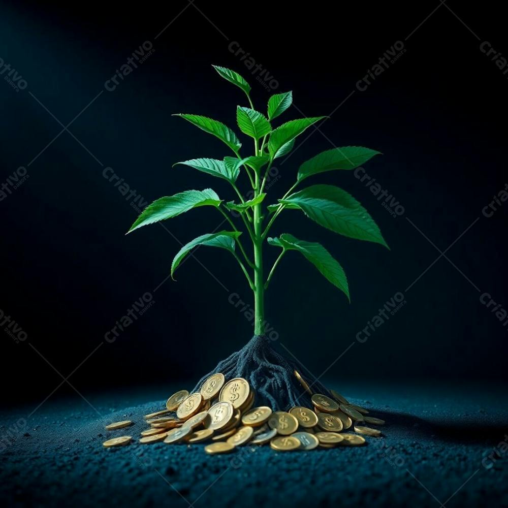 A 4K Realistic Image Depicting A Plant With Coin Roots, Symbolizing Financial Growth. Deep Teal Tones Dominate Under Intense Dramatic Lighting, Creating A Luxurious, Vibrant, High C