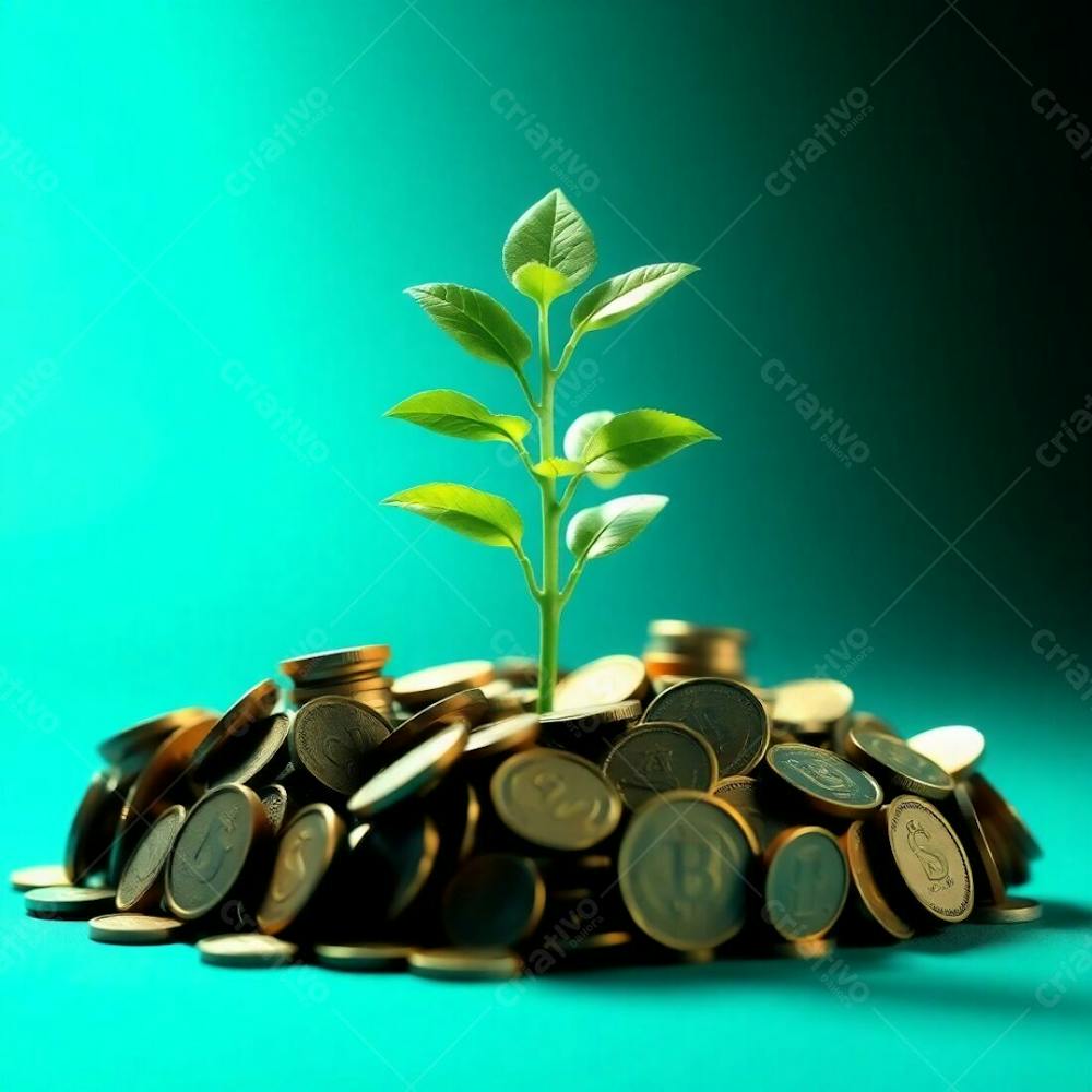 A 4K Realistic Image Of A Plant Growing From Coins, Conveying The Idea Of Financial Growth, Deep Teal Color Scheme, Dramatic Lighting, Luxurious Vibrant Style, High Contrast