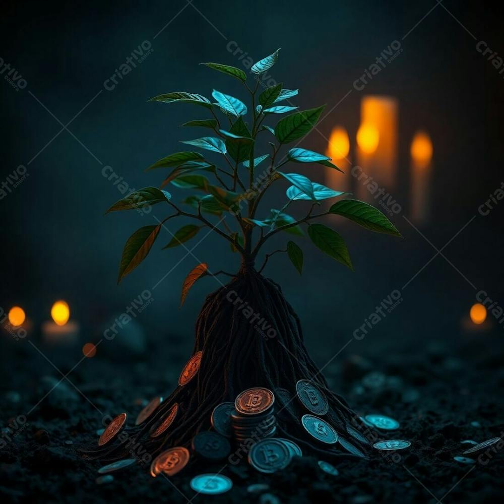 A 4K Realistic Image Of A Plant With Coin Roots Symbolizing Planting Money To Harvest Money, Rendered In Dark Tones With Unsettling Details, A Warm Candlelit Eerie Atmosphere, Flick