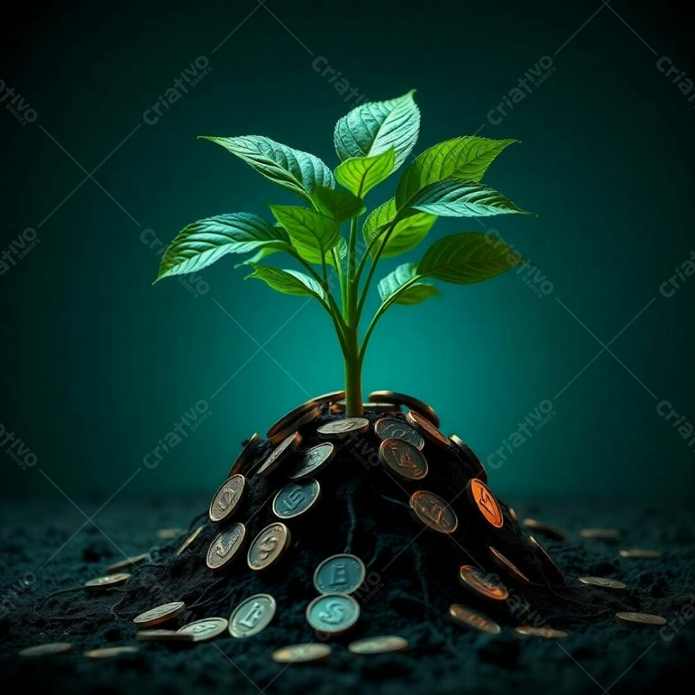 A 4K Realistic Image Of A Plant With Coin Roots, Illustrating Financial Growth. The Image Features Rich, Deep Teal Colors, Intense Dramatic Lighting, Luxurious, Vibrant Aesthetic A