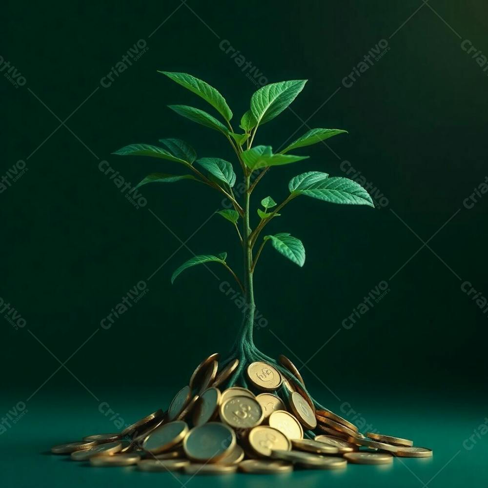 A 4K Realistic Image Of A Plant With Coins As Roots, Signifying The Concept Of Financial Investment And Return, Rendered In Deep Teal Tones With Dramatic Lighting, High Contrast, Lu