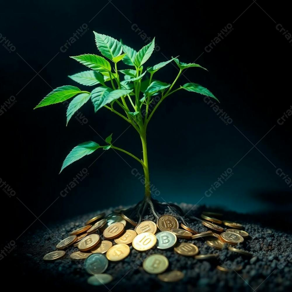A 4K Realistic Image Of A Plant With Roots Of Coins, Illustrating The Concept Of Planting Money To Harvest Money, Bathed In Intense Dramatic Lighting, Rich Deep Teal Hues, Luxurious