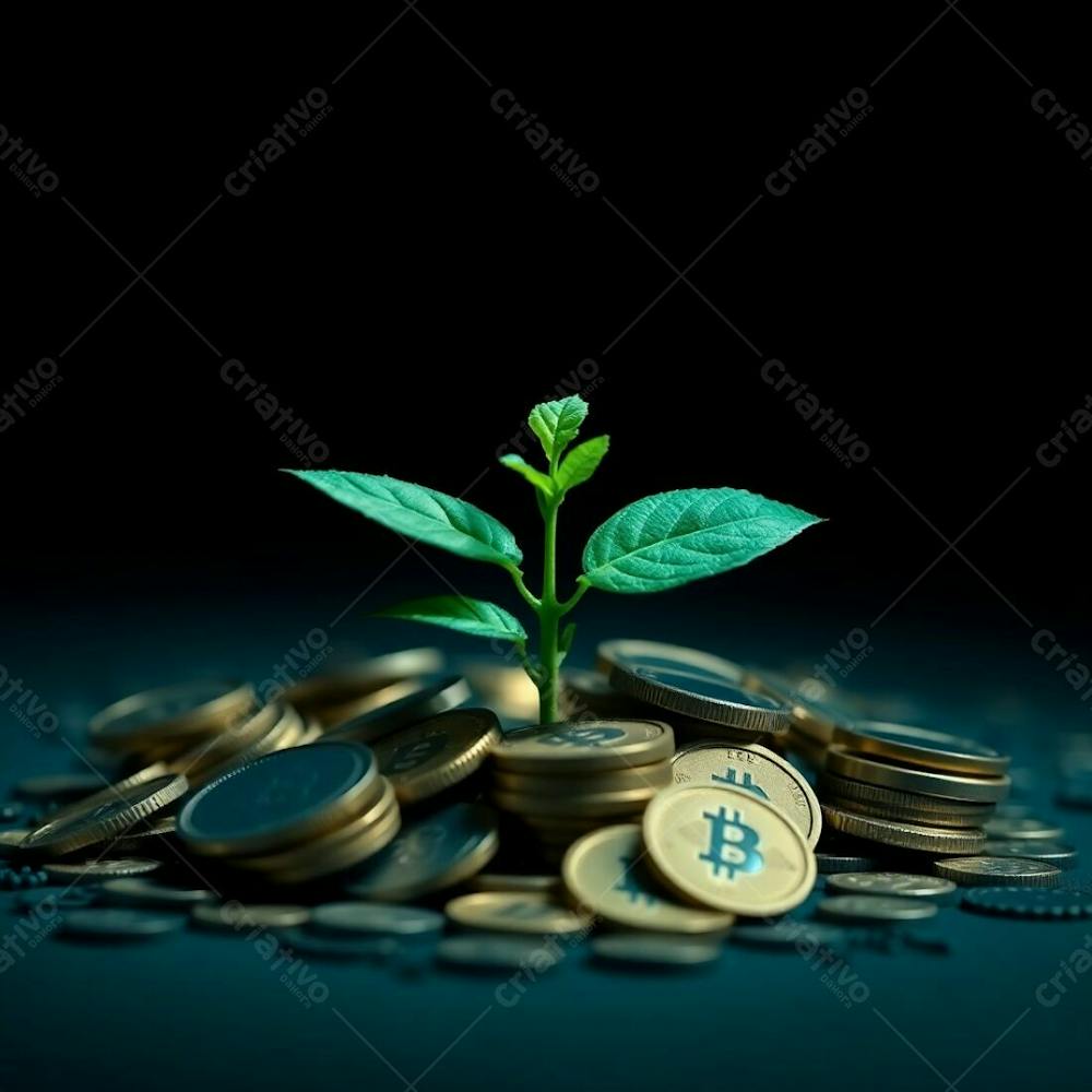 A 4K Ultra Realistic Image A Plant Growing From Coins Deep Teal Color Scheme Intense Dramatic Lighting High Contrast Emphasizing The Concept Of Financial Investment