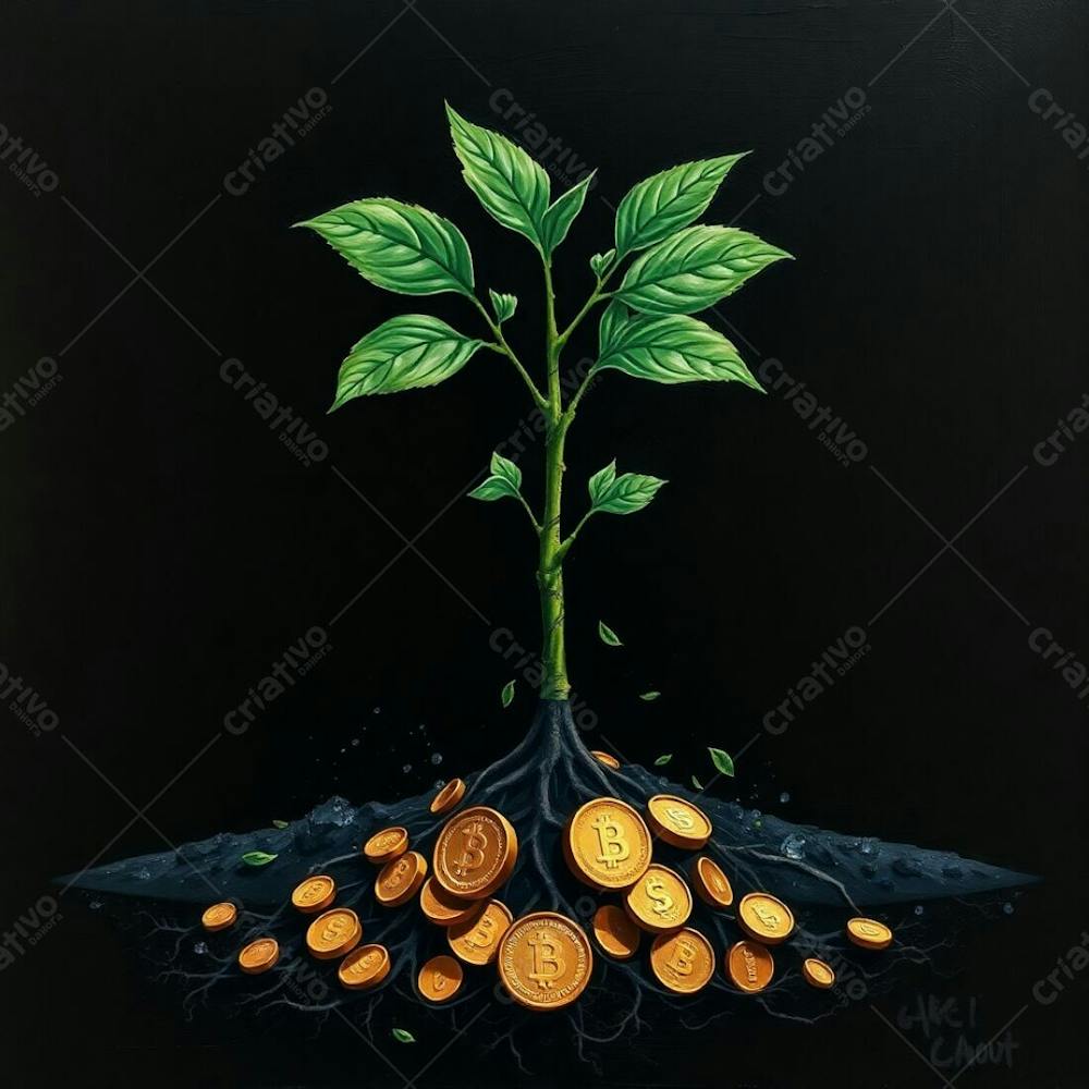 Bold Acrylic Painting In Intense Jet Black Depicting A Plant With Roots Of Coins, Teaching The Concept Of Planting Money To Harvest Money. 4K Resolution, Realistic Image, Pure Black