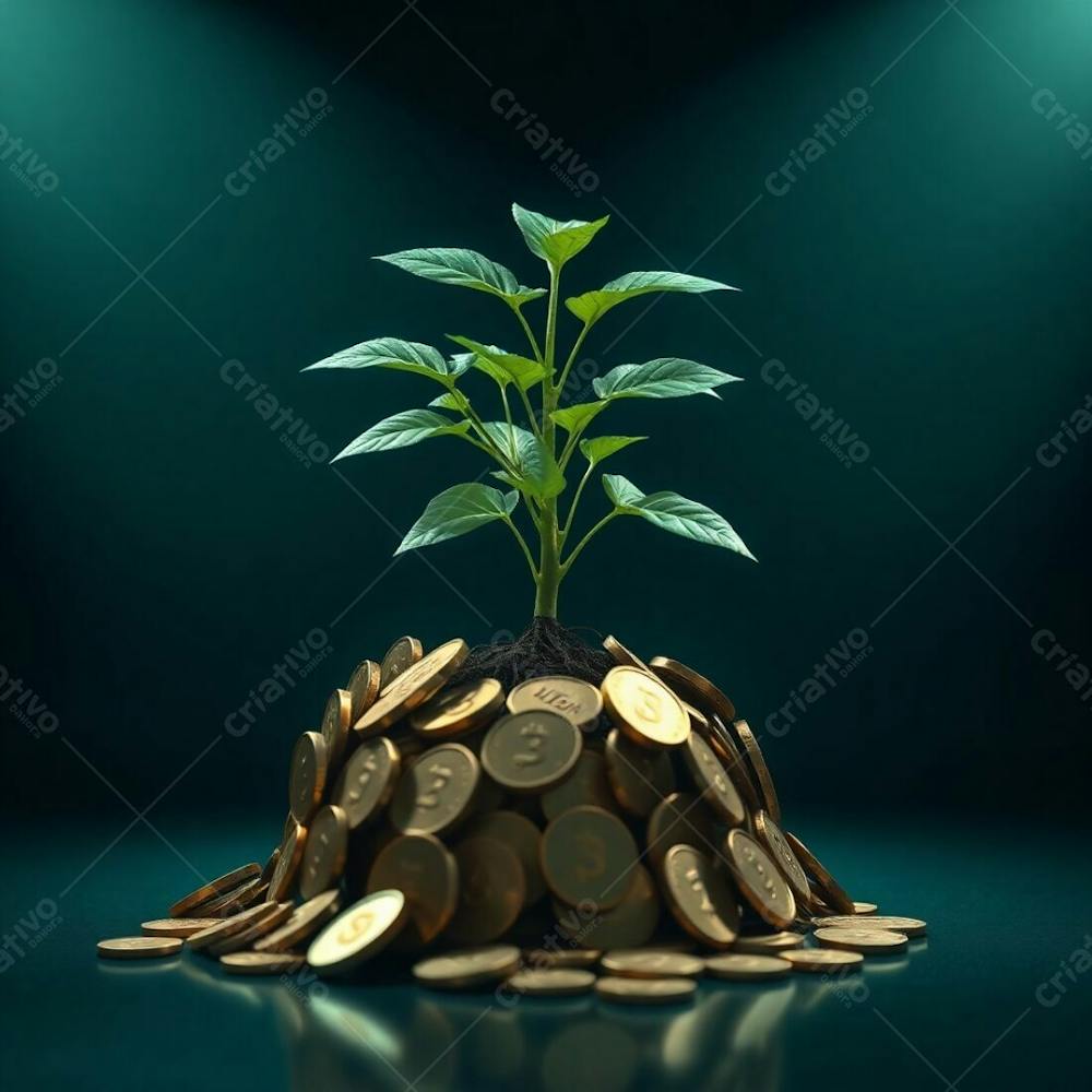 Dramatic Lighting Illuminates A Realistic 4K Image Of A Plant Whose Roots Are Coins, Conveying The Idea Of Financial Investment And Return, Deep Teal Tones, Luxurious And Vibrant St