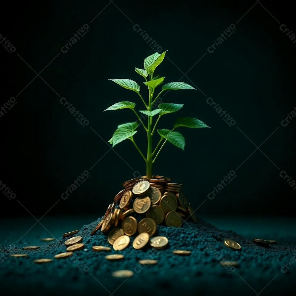 Dramatic Lighting Rich Deep Teal 4K Realistic Image Of A Plant Whose Roots Are Coins Representing Financial Growth High Contrast Vibrant Colors Luxurious Aesthetic