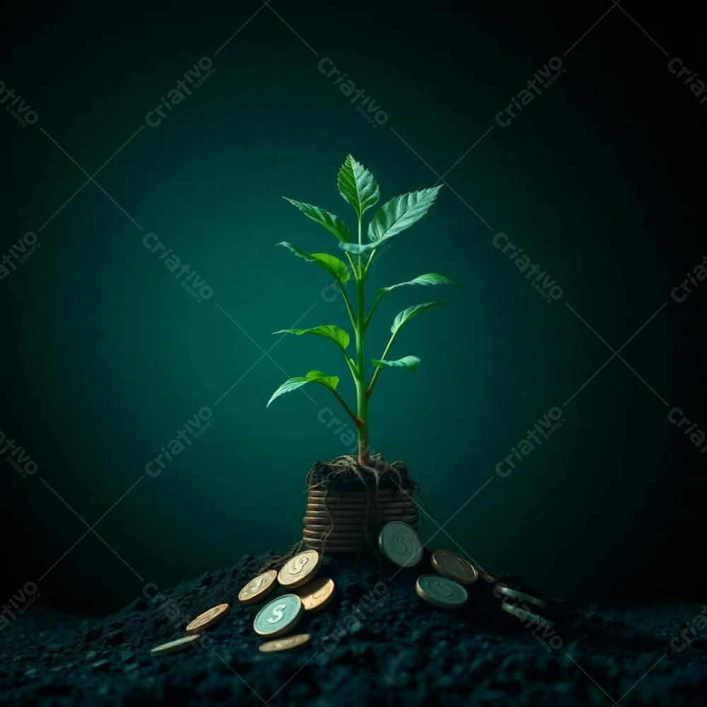 Dramatic Lighting, Rich Deep Teal Tones, 4K Realistic Image Of A Plant With Roots Of Coins Symbolizing Planting Money To Harvest Money, Luxurious And Vibrant, High Contrast