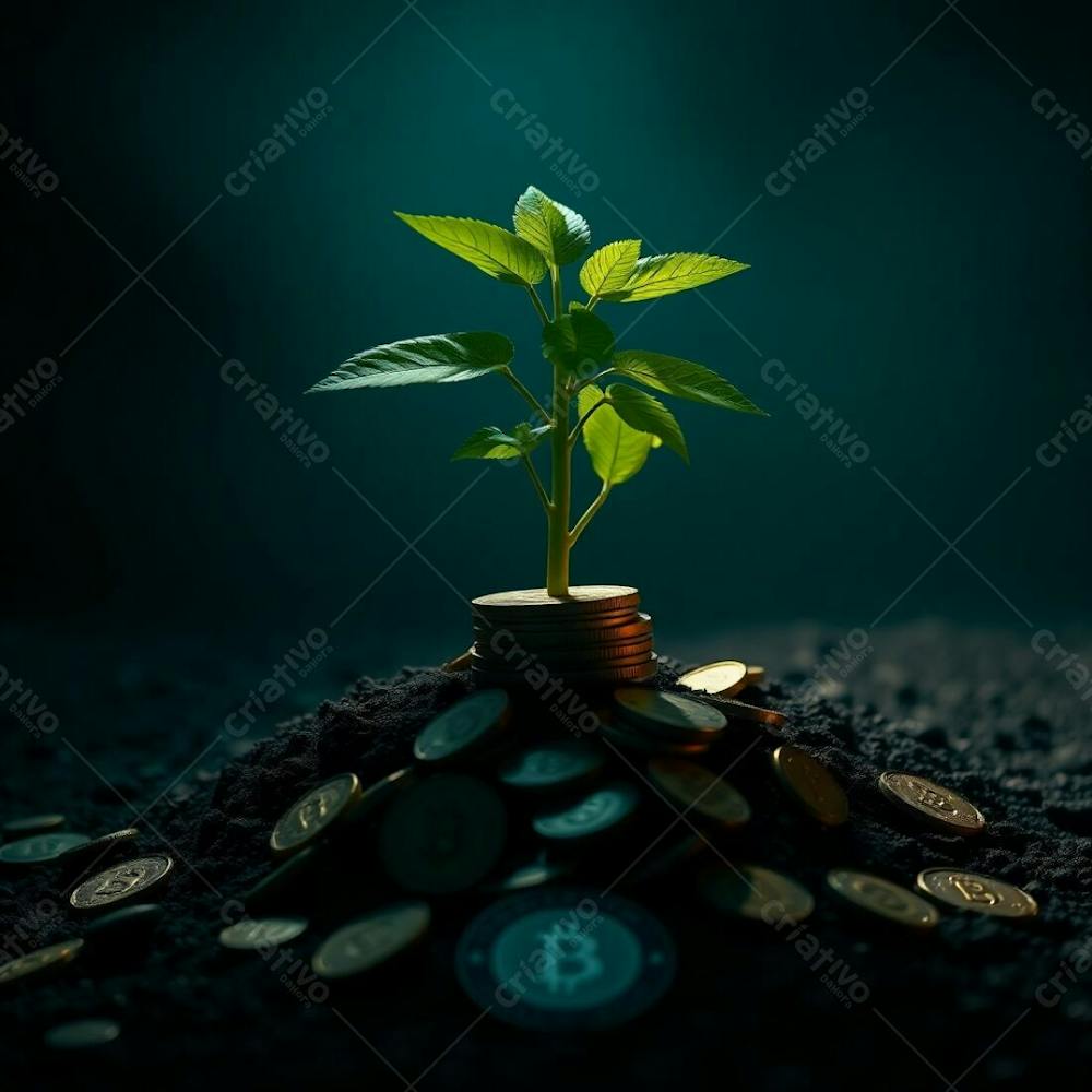 High Contrast 4K Image Depicting A Plant With Roots Of Coins Symbolizing Financial Growth Intense Dramatic Lighting Rich Deep Teal Color Palette Luxurious Vibrant Feel