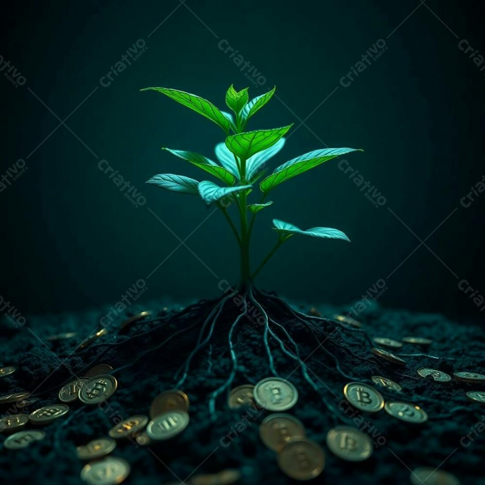 High Contrast 4K Photorealistic Image A Plant With Coin Roots Conveying The Idea Of Financial Growth Rich Deep Teal Tones Intense Dramatic Lighting Luxurious Vibrant Aesthetic