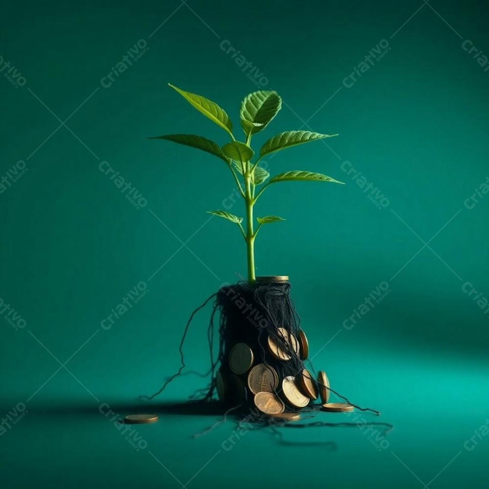 High Contrast 4K Realistic Image A Plant With Coin Roots, Metaphorically Representing Financial Growth, Set Against A Deep Teal Background, Dramatic Lighting, Luxurious Vibrant Aest