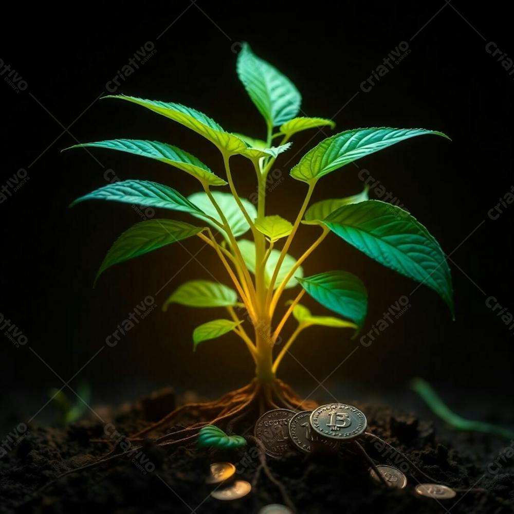 High Contrast 4K Realistic Image Deep Teal Tones Dramatic Lighting Plant With Coin Roots Symbolizing Financial Growth Luxurious Vibrant Aesthetic Detailed Textures