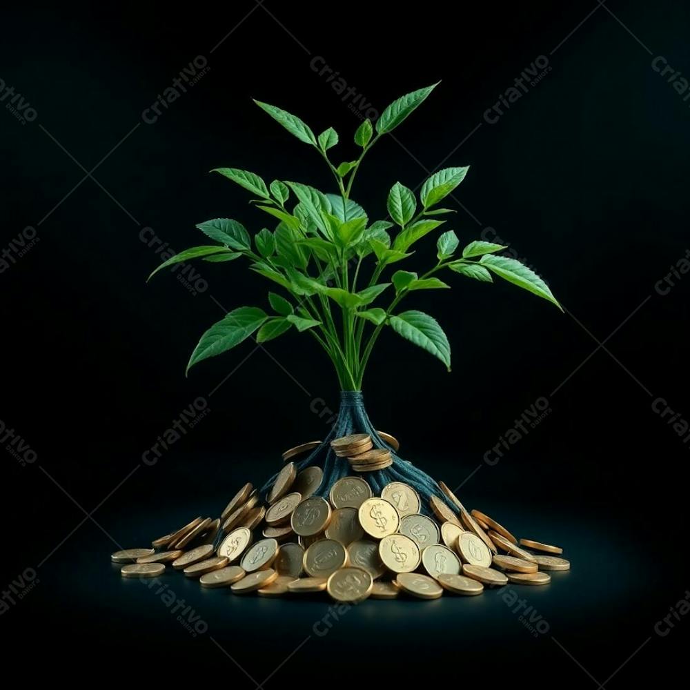 High Contrast, 4K Resolution, Realistic Image, Deep Teal Tones, Intense Dramatic Lighting, Showcasing A Plant With Roots Made Of Coins To Visually Communicate The Idea Of Financial