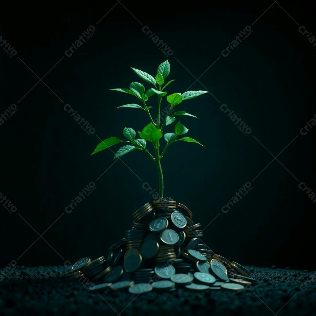 Planta crescendo sobre pilha de moedas
