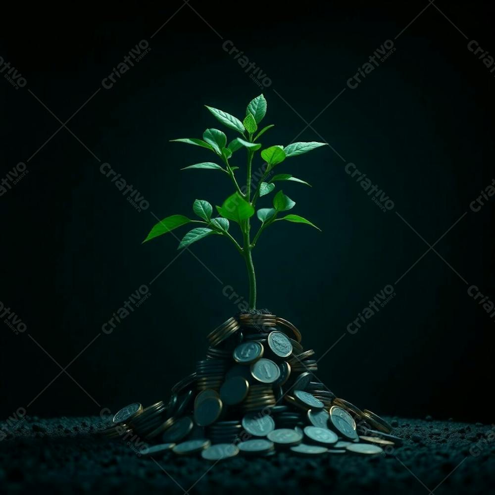 High Contrast 4K Photorealistic Image, Deep Teal Tones And Intense Dramatic Lighting. A Plant With Roots Formed From Coins Visually Represents The Concept Of Financial Investment