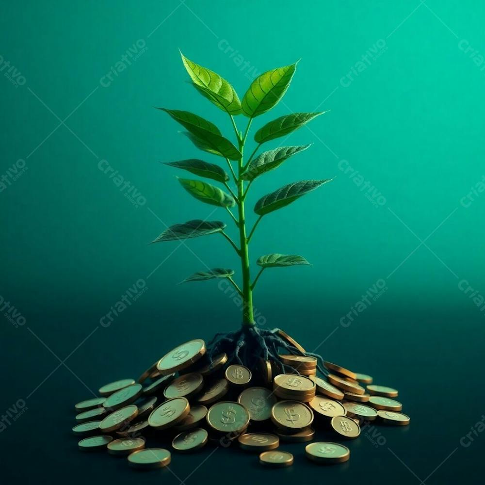 High Contrast 4K Photorealistic Rendering Of A Plant Whose Roots Are Coins, Illustrating Financial Growth. The Color Scheme Is A Rich, Deep Teal, Dramatically Lit For A Luxurious A