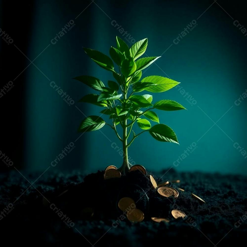 Intense Dramatic Lighting Illuminates A 4K Realistic Image Of A Plant With Coin Roots, Conveying The Message Of Financial Growth. Rich Deep Teal Colors Create A Luxurious And Vibran