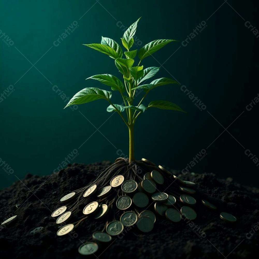 Intense Dramatic Lighting In Rich Deep Teal Depicting A Plant With Roots Of Coins, Teaching The Concept Of Planting Money To Harvest Money. 4K Resolution, Realistic Image, Luxurious