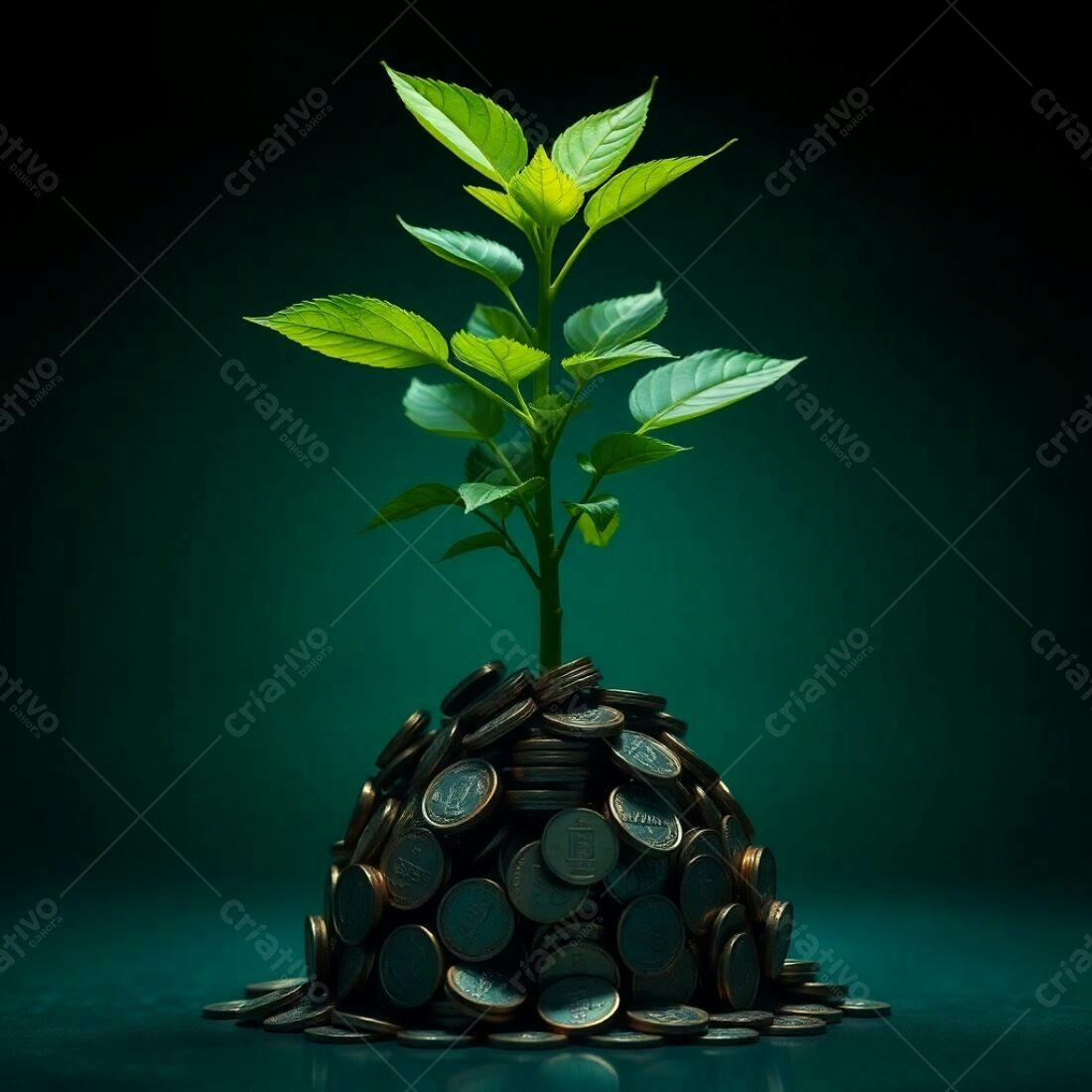 Planta crescendo sobre pilha de moedas