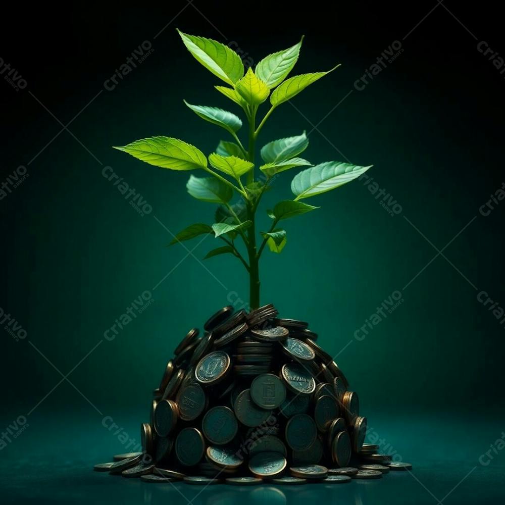 Luxurious And Vibrant 4K Image, High Contrast, Intense Dramatic Lighting, Deep Teal Tones. A Plant With Roots Made Of Coins Visually Represents The Idea Of Investing Money For Futu