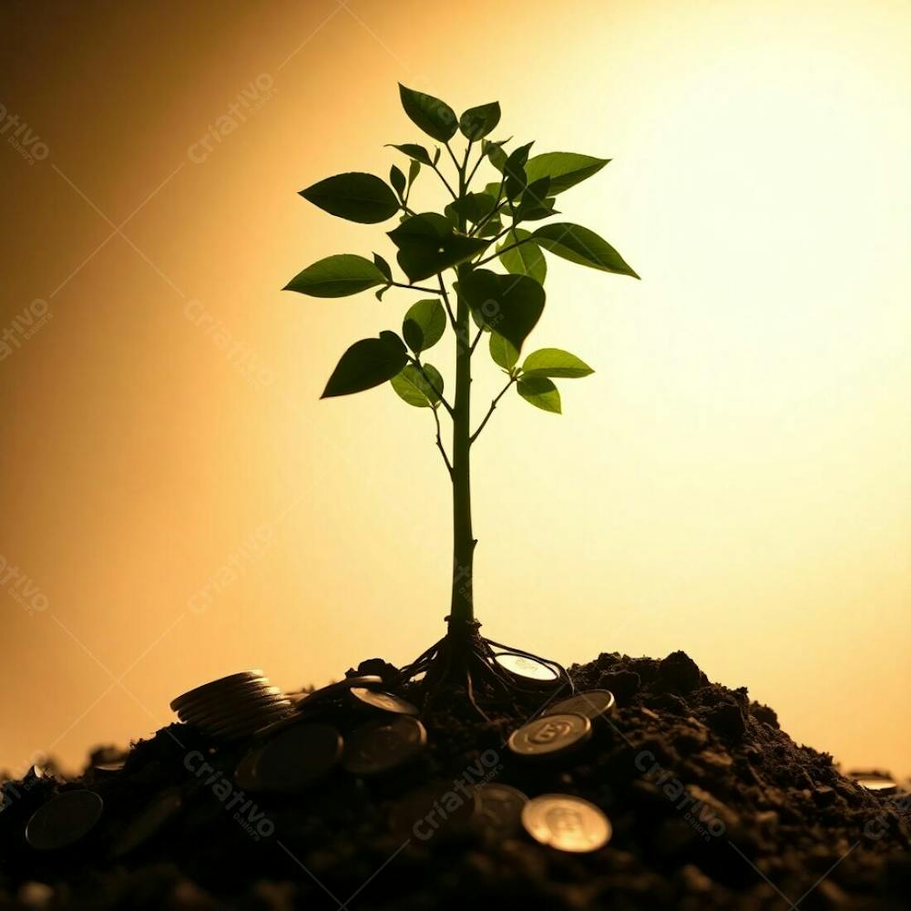 Natural Earth Tones, Silhouetted Backlighting Depicting A Plant With Roots Of Coins, Teaching The Concept Of Planting Money To Harvest Money. 4K Resolution, Realistic Image, Lig