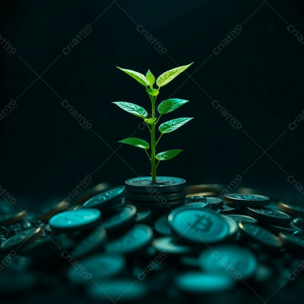 Realistic 4K Image Of A Plant Growing From Coins Illustrating Financial Growth Deep Teal Tones Intense Dramatic Lighting High Contrast Luxurious And Vibrant Style