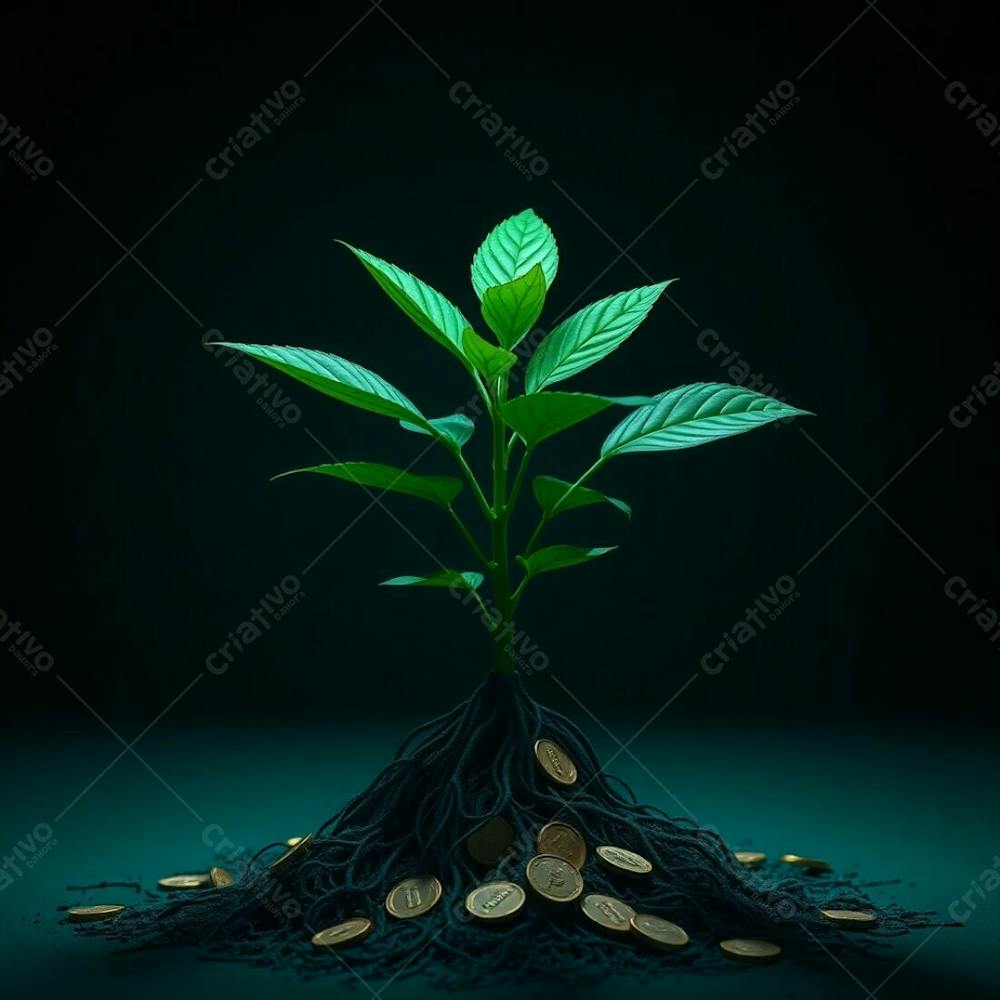 Realistic 4K Image, Deep Teal Color Scheme, Intense Dramatic Lighting, High Contrast, Showcasing A Plant With Coin Roots To Symbolize Financial Growth, Luxurious And Vibrant Aesthet