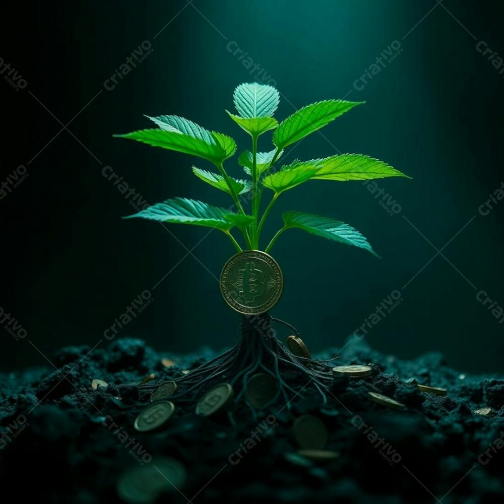 Realistic 4K Image, Plant With Coin Roots Symbolizing Financial Growth, Deep Teal Color Scheme, Intense Dramatic Lighting, High Contrast, Luxurious Vibrant Aesthetic, Detailed Textu