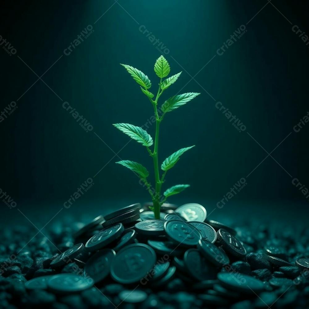 Realistic 4K Render Of A Plant Growing From Coins Deep Teal Color Scheme Dramatic Lighting High Contrast Sharp Details Conveying Financial Growth