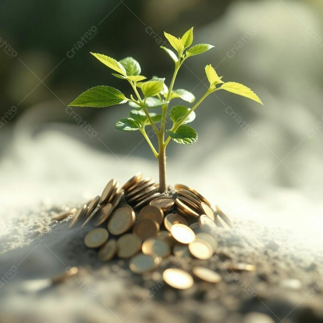 Planta crescendo sobre pilha de moedas