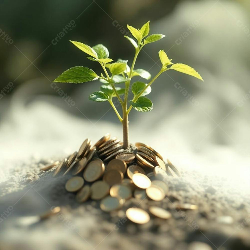 Soft, Dreamy Atmosphere High Resolution Stock Photo Depicting A Plant With Roots Of Coins, Teaching The Concept Of Planting Money To Harvest Money. 4K Resolution, Realistic Image, C