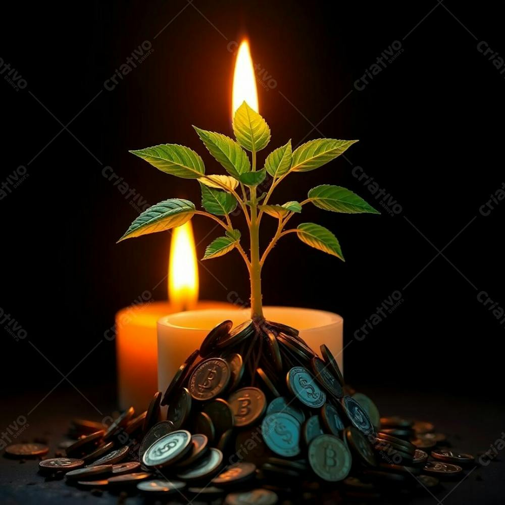 Warm Candlelight, Vibrant Complementary Colors Depicting A Plant With Roots Of Coins, Teaching The Concept Of Planting Money To Harvest Money. 4K Resolution, Realistic Image, Contra