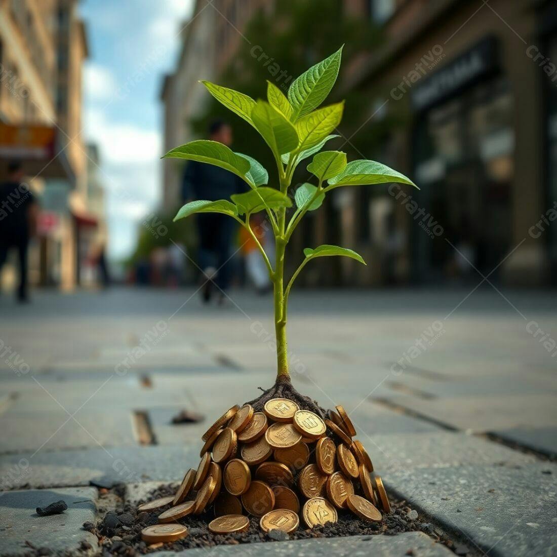 Planta crescendo sobre pilha de moedas na rua
