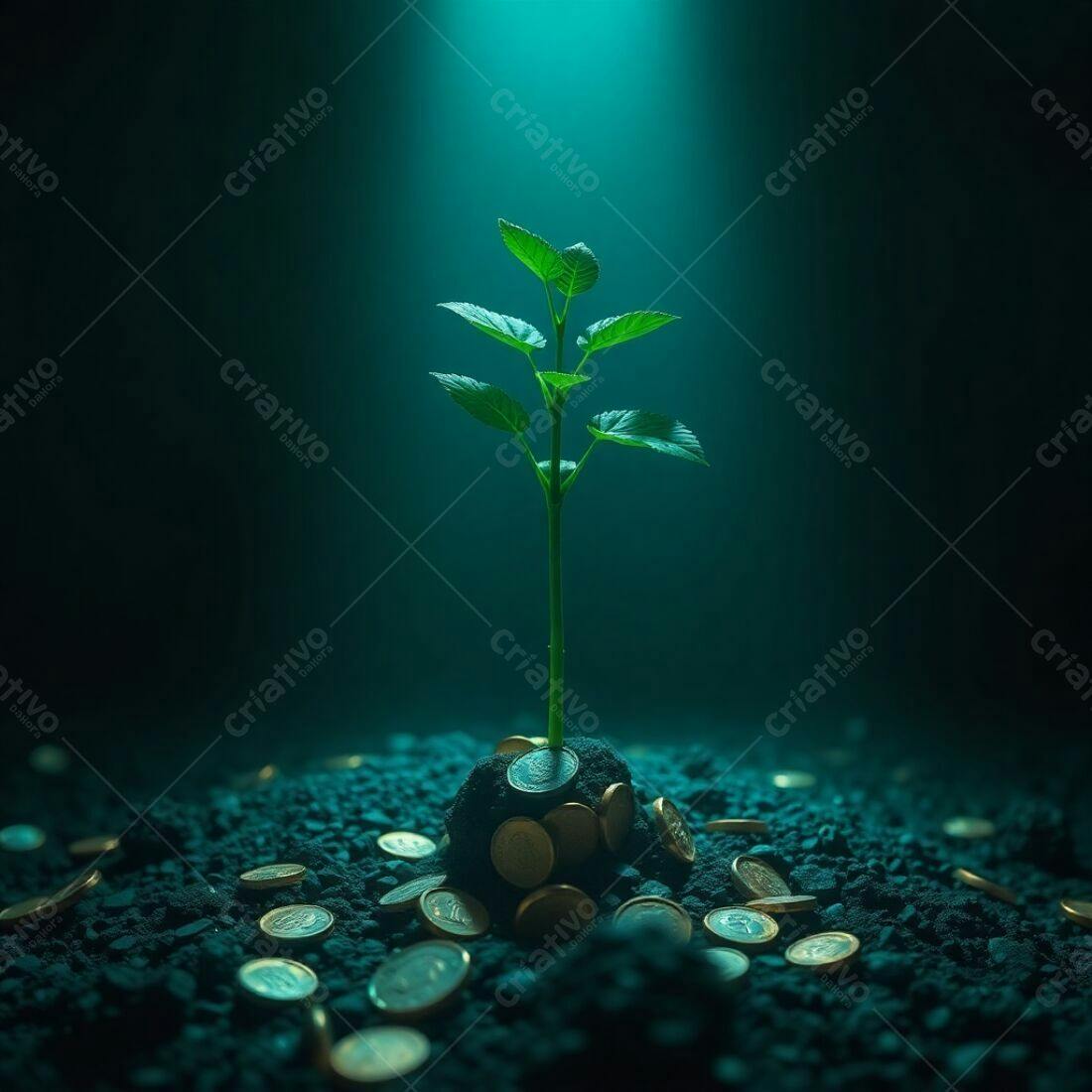 Planta crescendo sobre moedas escuras