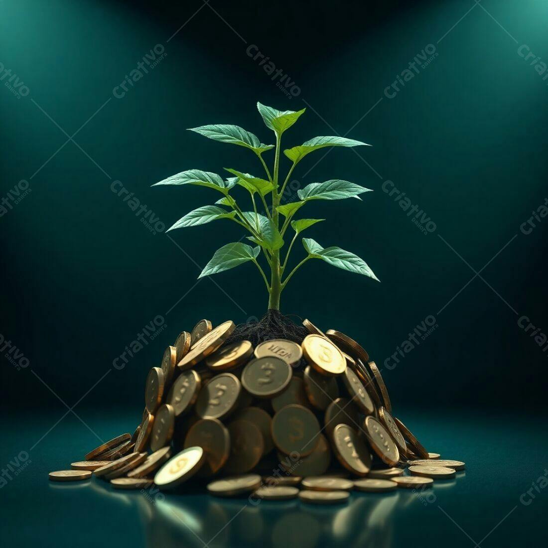 Planta crescendo sobre pilha de moedas douradas