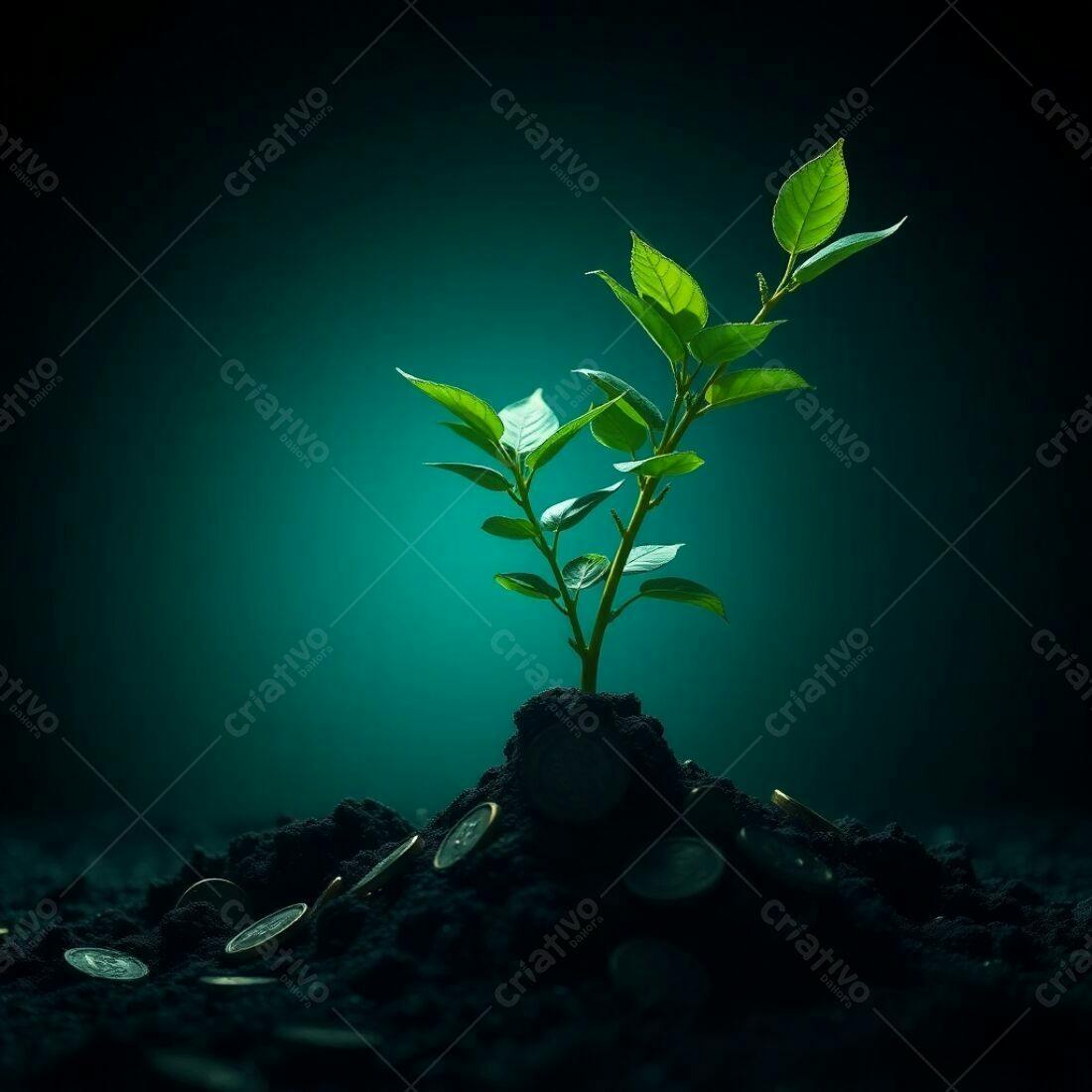 Planta crescendo em moedas escuras