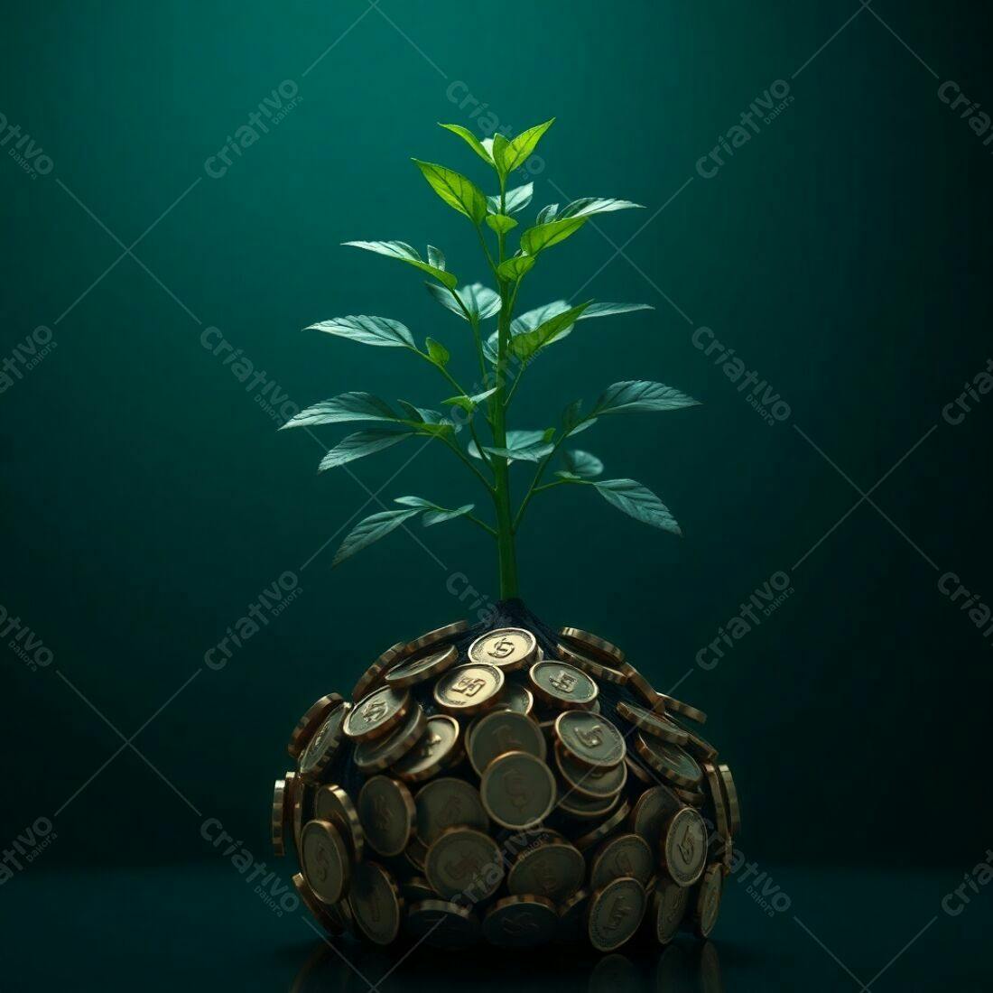 Planta crescendo em pilha de moedas douradas